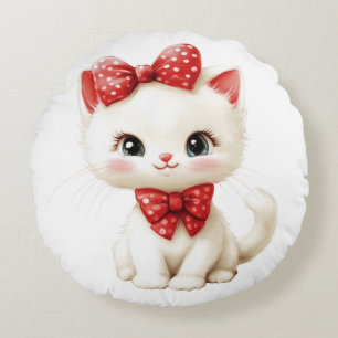 Cute White Kitten Pillow with Red Polka Dot Bows 