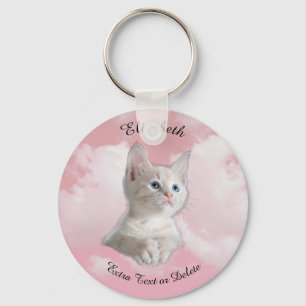 Cute White Kitten Pink Sky, Black Name, Extra Text Keychain
