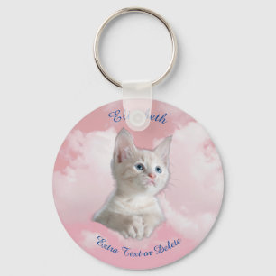 Cute White Kitten Pink Sky, Blue Name & Extra Text Keychain