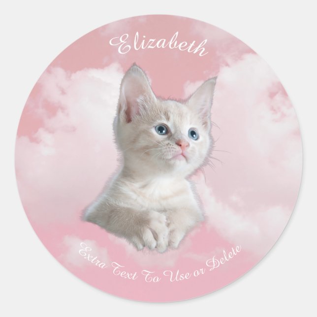 Cute White Kitten Pink Sky Clouds Name, Extra Text Classic Round Sticker (Front)