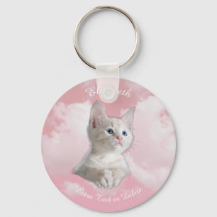 Cute White Kitten Pink Sky Clouds Name, Extra Text Keychain