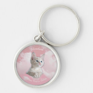 Cute White Kitten Pink Sky Clouds Name, Extra Text Keychain
