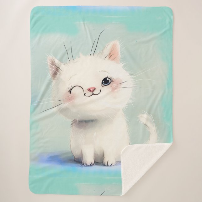 Cute White Kitten Sherpa Blanket (Front)