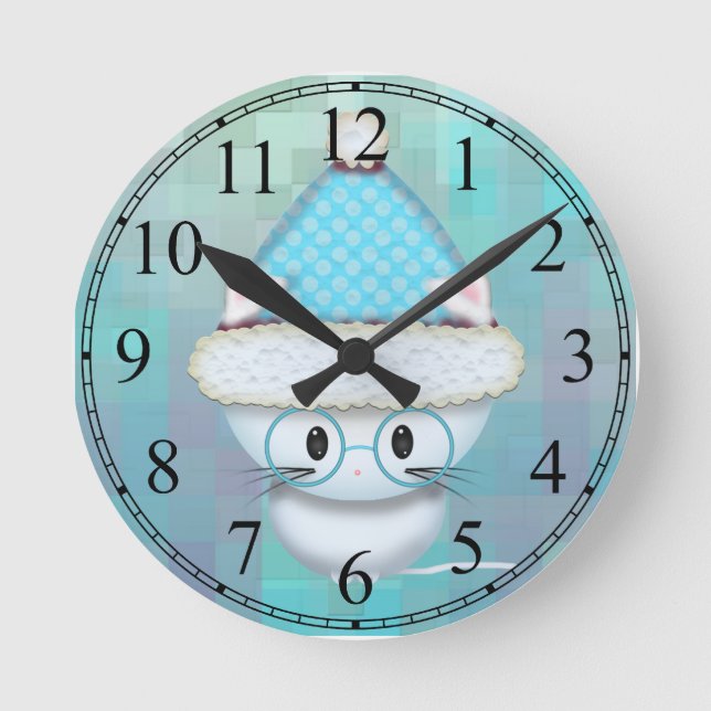 Cute White Kitten Teal Wall Clock (Front)