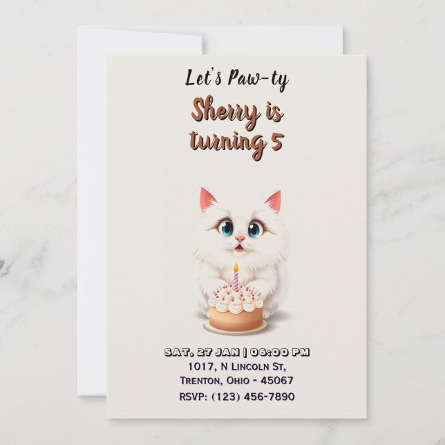 Cute White Kitten with Birthday Cake Personalized Invitation (Front)