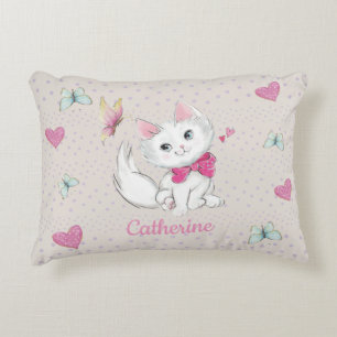 Cute White Kitten with Butterfly on pastel Accent Pillow
