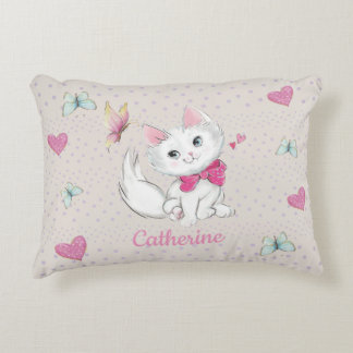 Cute White Kitten with Butterfly on pastel Accent Pillow