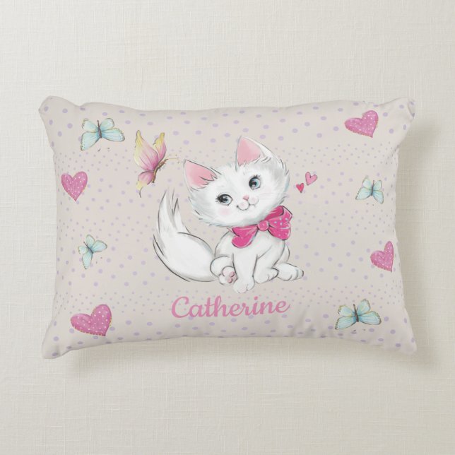 Cute White Kitten with Butterfly on pastel Accent Pillow (Front)