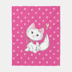 Cute White Kitten with Butterfly on Pink Fleece Blanket