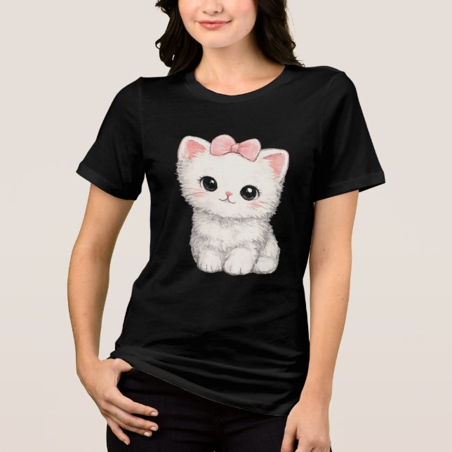 Cute White Kitten with Pink Bow Tri-Blend Shirt (Front)