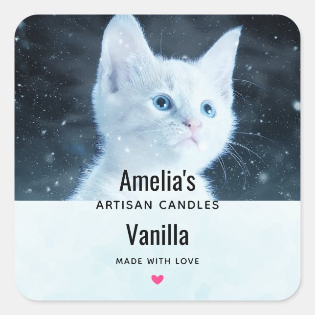 Cute White Kitten with Pretty Blue Eyes Candle Biz Square Sticker (Front)
