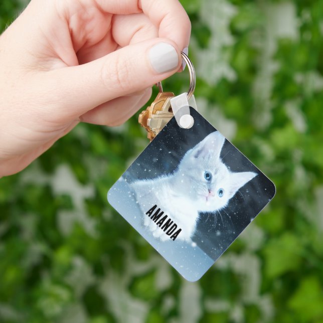 Cute White Kitten with Pretty Blue Eyes Keychain (Hand)