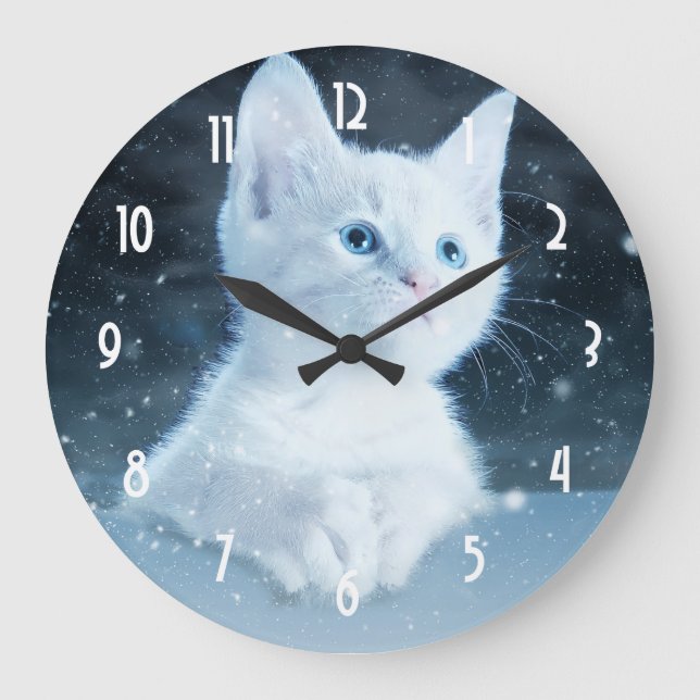 Cute White Kitten with Pretty Blue Eyes Large Clock (Front)