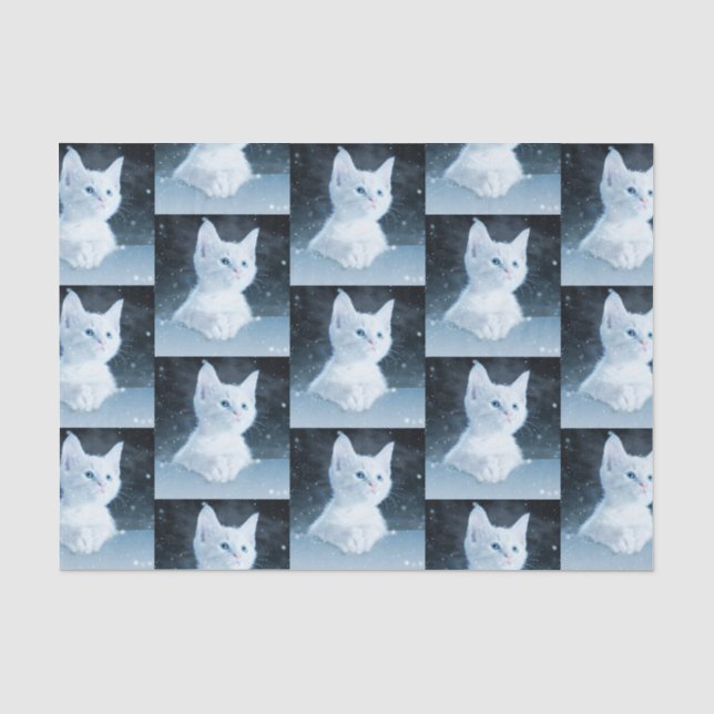 Cute White Kitten with Pretty Blue Eyes Patterned Tissue Paper (Front)