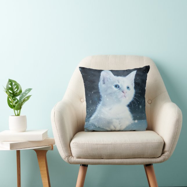Cute White Kitten with Pretty Blue Eyes Throw Pillow (Chair)
