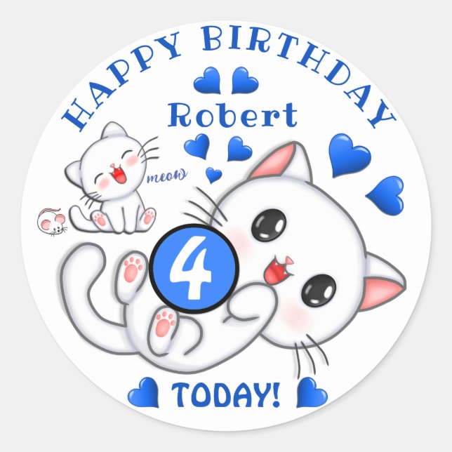 Cute White Kittens Name and Age Kid's Birthday Classic Round Sticker (Front)