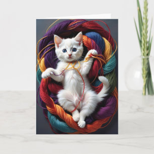 Cute White Kitty Cat Playing Rolls of Yarn Blank Card
