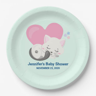 Cute White Kitty Cat Sleeping Baby Shower Paper Plate
