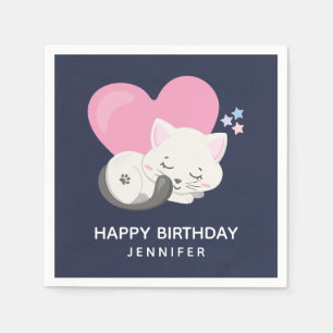 Cute White Kitty Cat Sleeping Birthday Napkin