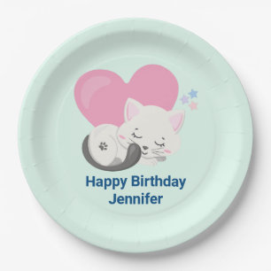 Cute White Kitty Cat Sleeping Birthday Paper Plate