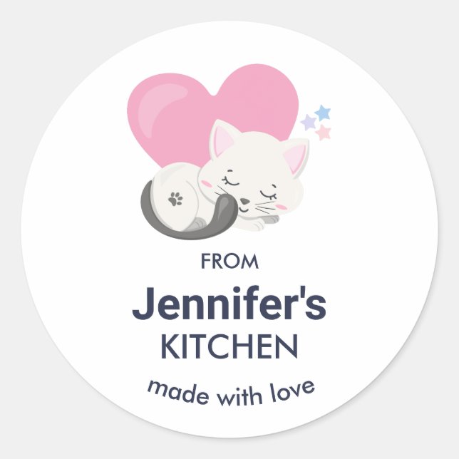 Cute White Kitty Cat Sleeping Kitchen Classic Round Sticker (Front)