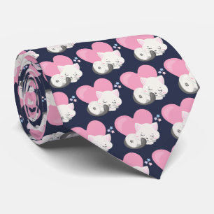 Cute White Kitty Cat Sleeping Pattern Tie
