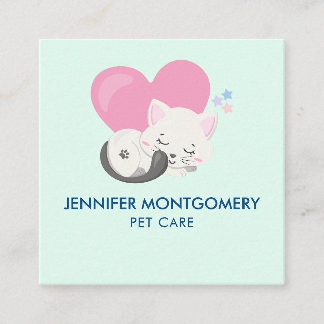 Cute White Kitty Cat Sleeping Square Business Card (Front)