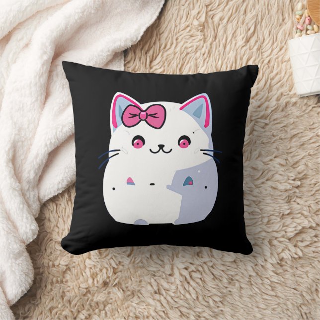 Cute White Kitty Cat with Pink Bowtie Throw Pillow (Blanket)