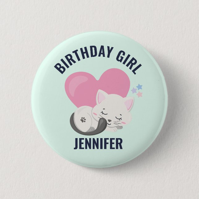 Cute White Kitty Cat with Pink Heart Birthday Girl 2 Inch Round Button (Front)