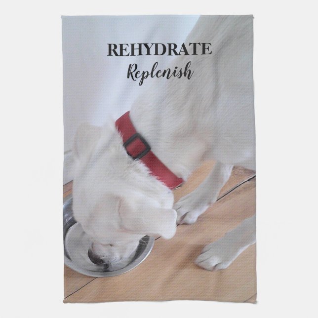 Cute White Labrador Mix Puppy Dog Drinking Water Kitchen Towel (Vertical)