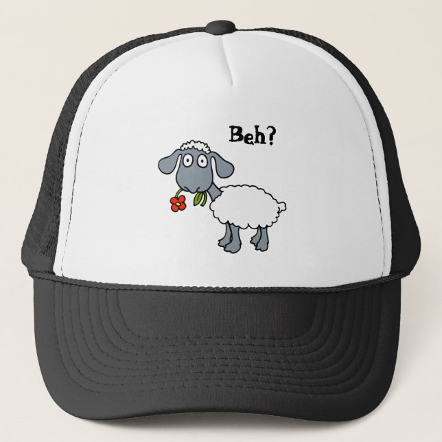 Cute White Lamb Sheep with Red Flower Funny Trucker Hat (Front)