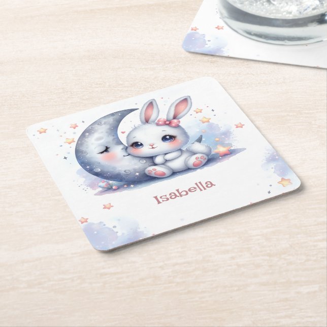 cute white little bunny and the moon square paper coaster (Angled)