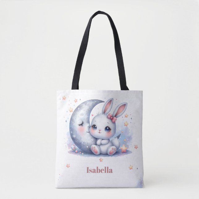 cute white little bunny and the moon tote bag (Front)