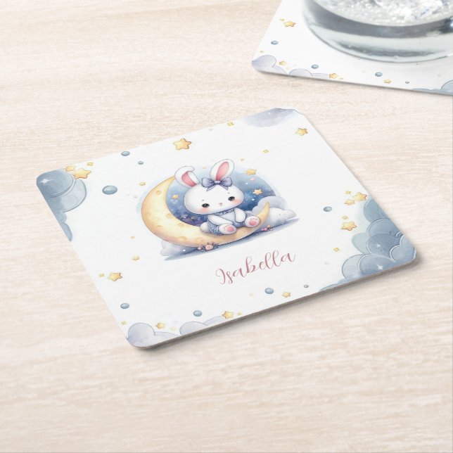 cute white little bunny sitting on the moon square paper coaster (Angled)