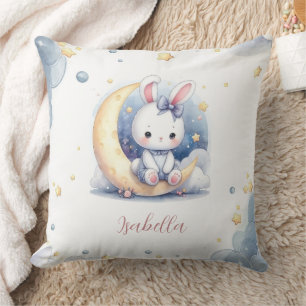 cute white little bunny sitting on the moon throw pillow