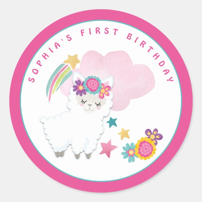 Cute White Llama Name First Birthday Party Classic Round Sticker (Front)