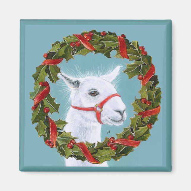 Cute White Llama with Christmas Wreath magnet (Front)