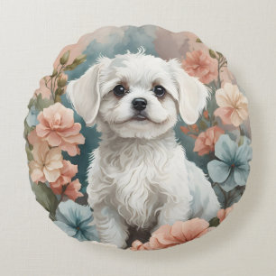 Cute White Maltese Puppy Round Pillow