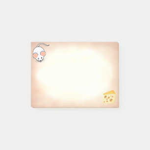 Cute white mouse & cheese on beige post-it notes