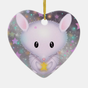 Cute White Mouse holding Star Ceramic Ornament