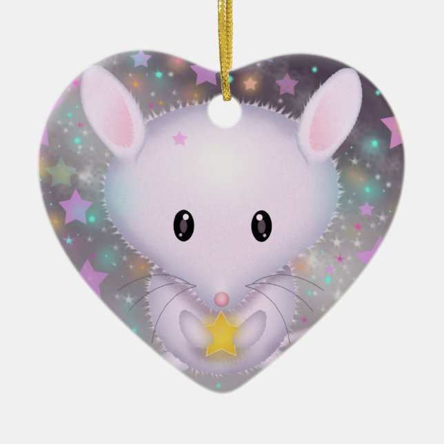 Cute White Mouse holding Star Ceramic Ornament (Front)