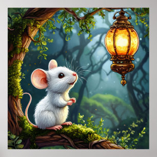 🐭🏮 Cute White Mouse Lantern Night Cozy Art ✨ Poster