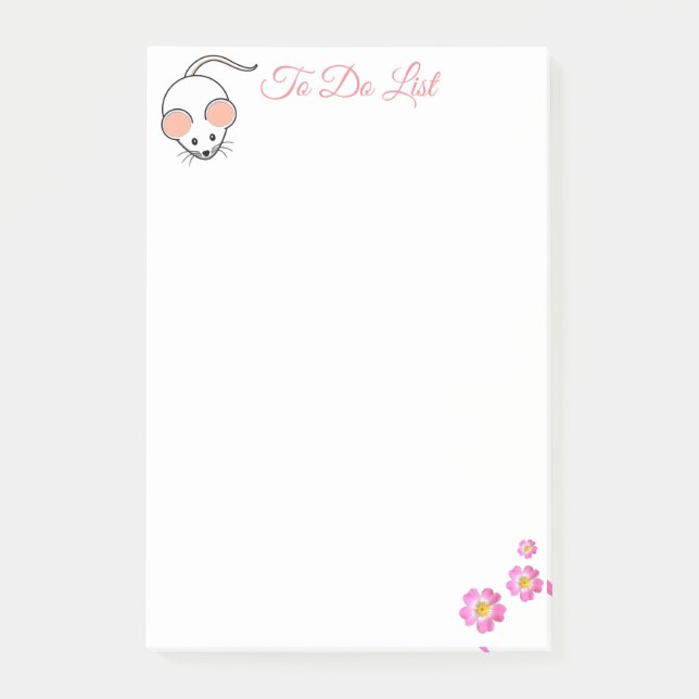 Cute white mouse & pink flowers on white post-it notes (Front)