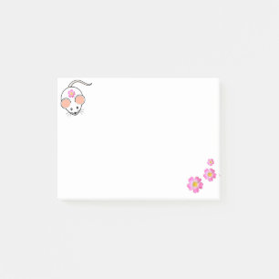 Cute white mouse & pink flowers on white post-it notes