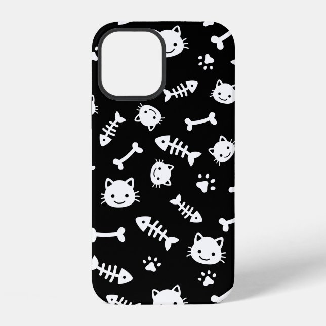 Cute White on Black Cat Bones Fish Paw Pattern iPhone Case (Back)