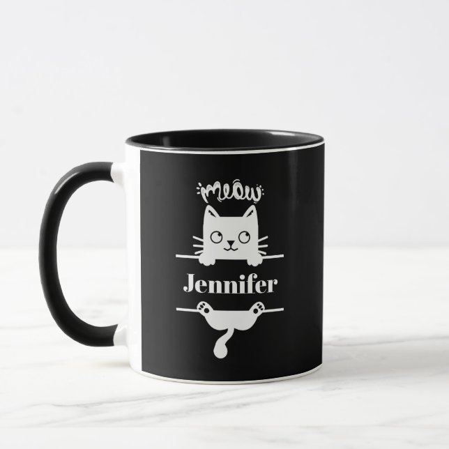 Cute White on Black Personalized Cat Mug (Left)