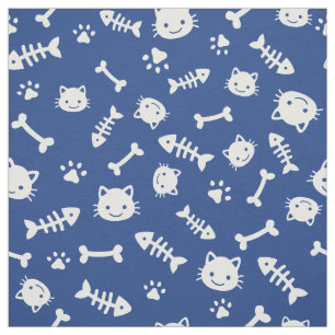 Cute White on Blue Cat Bones Fish Paw Pattern Fabric