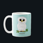 Cute White Owl and Laurel Leaves  on Teal Coffee Mug<br><div class="desc">Cute brown owl cartoon,  laurel leaves  and calligraphy on teal Mug.</div>