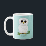 Cute White Owl and Laurel Leaves  on Teal Coffee Mug<br><div class="desc">Cute brown owl cartoon,  laurel leaves  and calligraphy on teal Mug.</div>