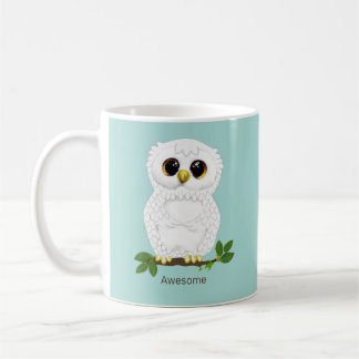 Cute White Owl and Laurel Leaves  on Teal Coffee Mug